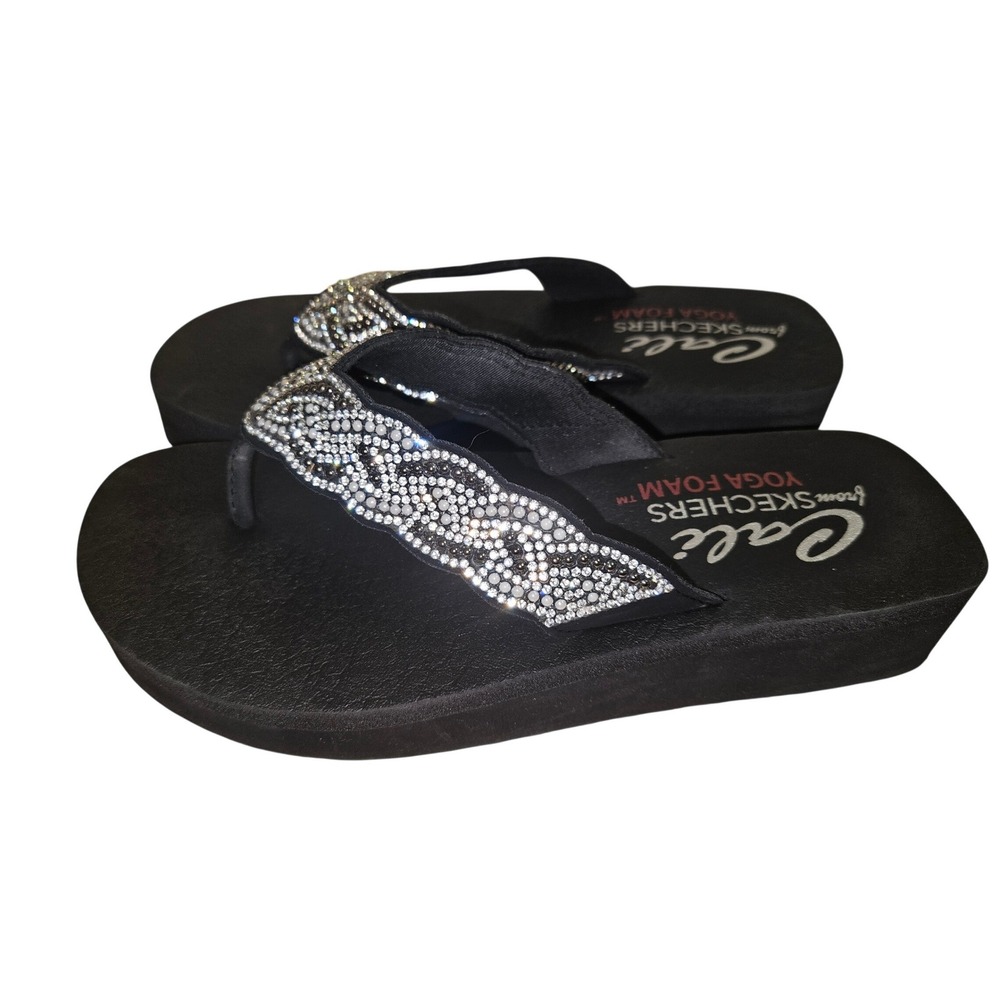 Skechers Cali Yoga Foam Black Rhinestone Wedge Platform Flip Flops Sz 8 Womens - Picture 2 of 5